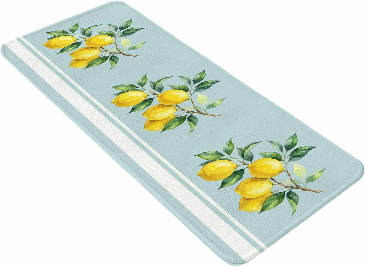 Washable Kitchen Runner Rug, Watercolor Yellow Lemon Leaves Absorbent Non-Slip Runner Rug for Bedroom Hallway Entryway Stair, Summer Fruit on Light Blue Doormat Area Rugs 16x47in