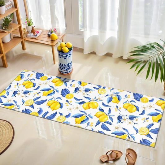 Lemon Kitchen Rugs Set of 2 Non-Skid Washable for Floor Mats17"x30"+17"x47" | anti-slip backing, soft crystal velvet, fade-free lemon print, machine washable, indoor farmhouse decor, fits under doors