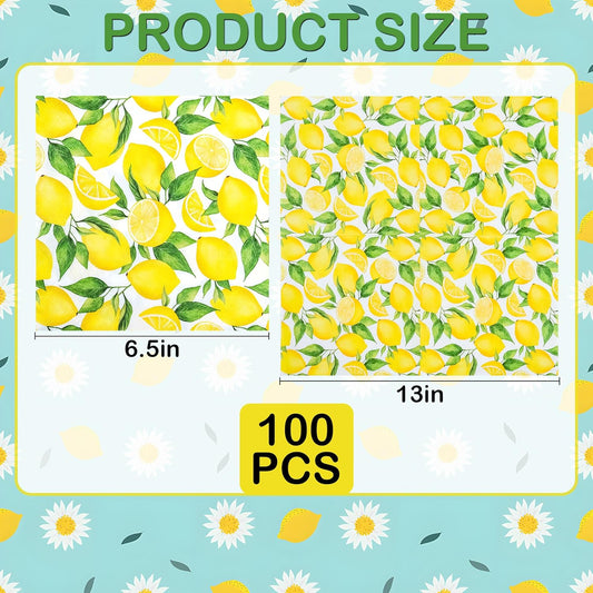 100 Lemon Disposable Paper Napkins Summer Party Luncheon Napkin 6.5" | Yellow Lemons Citrus Fruit Hand Towels for Wedding Birthday Bridal Baby Shower Party Supplies Table Decor