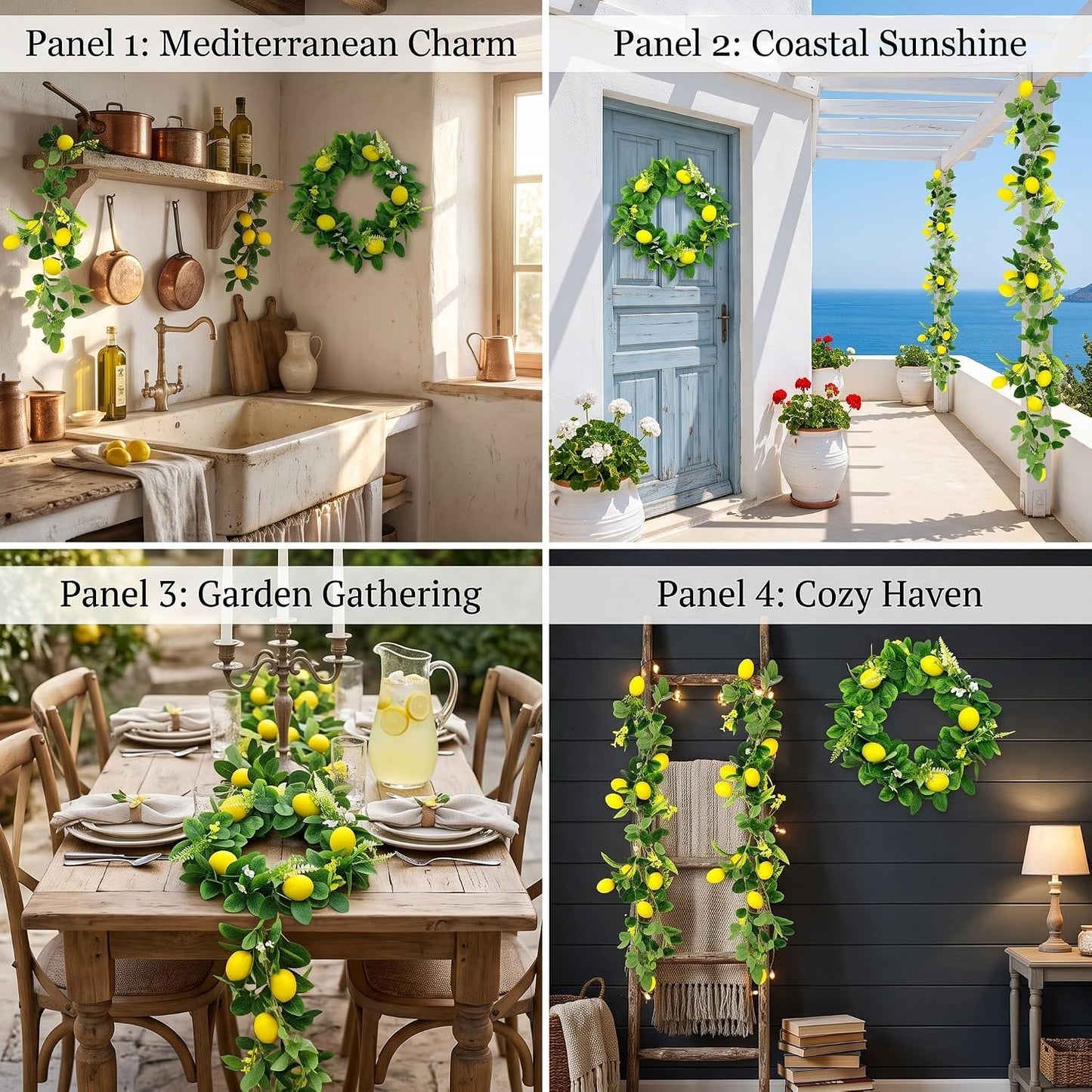 3 Pcs Artificial Lemon Garland Set Includes 18 Inch Lemon Wreath, 2pcs (13ft Total) Lemons Vine Garland Faux Fruit with Greenery for Wedding Party Wall Mantle Table Kitchen Door Summer Decor