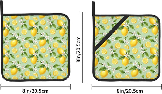 Lemon Pattern Pot Holders Set of 2, Heat Resistant Kitchen Potholders with Green Background, Yellow Lemons and White Flowers Design