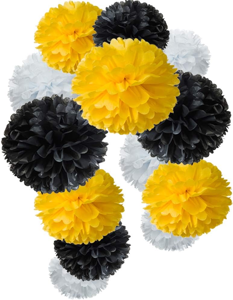 Black Yellow White Tissue Pom Poms Paper Flower Party Decoration, 12pc | birthday graduation wedding retirement baby shower mother to bee party decoration