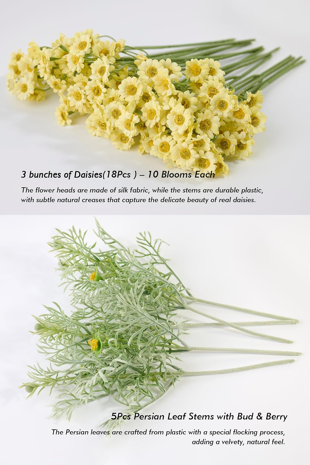 Artificial Wildflower Bouquet, Yellow Daisy Flowers for Home Decor | Includes 15 daisy stems and 5 greenery stems, creating a full wildflower bouquet for vase decor and floral arrangements.