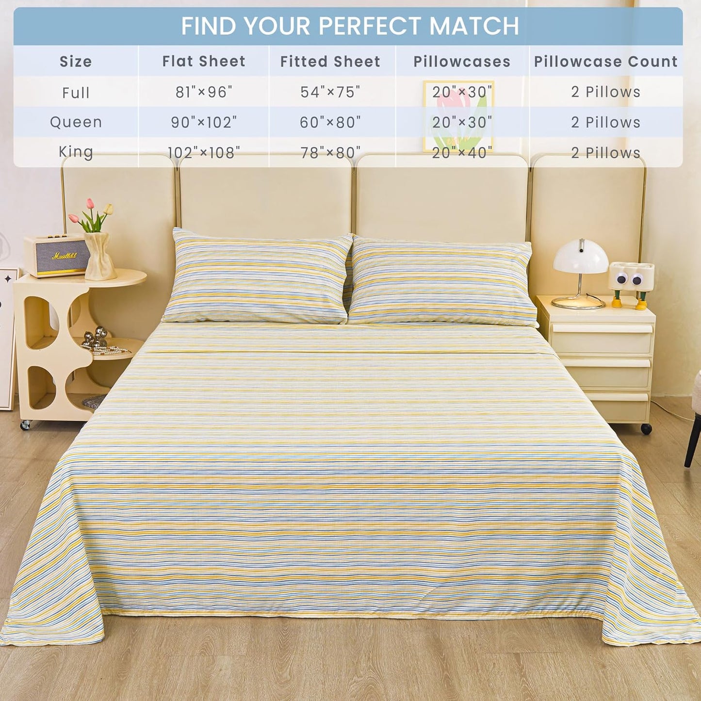 Striped Queen Bed Sheets, Deep Pocket 4 Piece Queen Sheet Set, Soft Microfiber Blue Yellow Pinstripe Bedding Sheets & Pillowcases