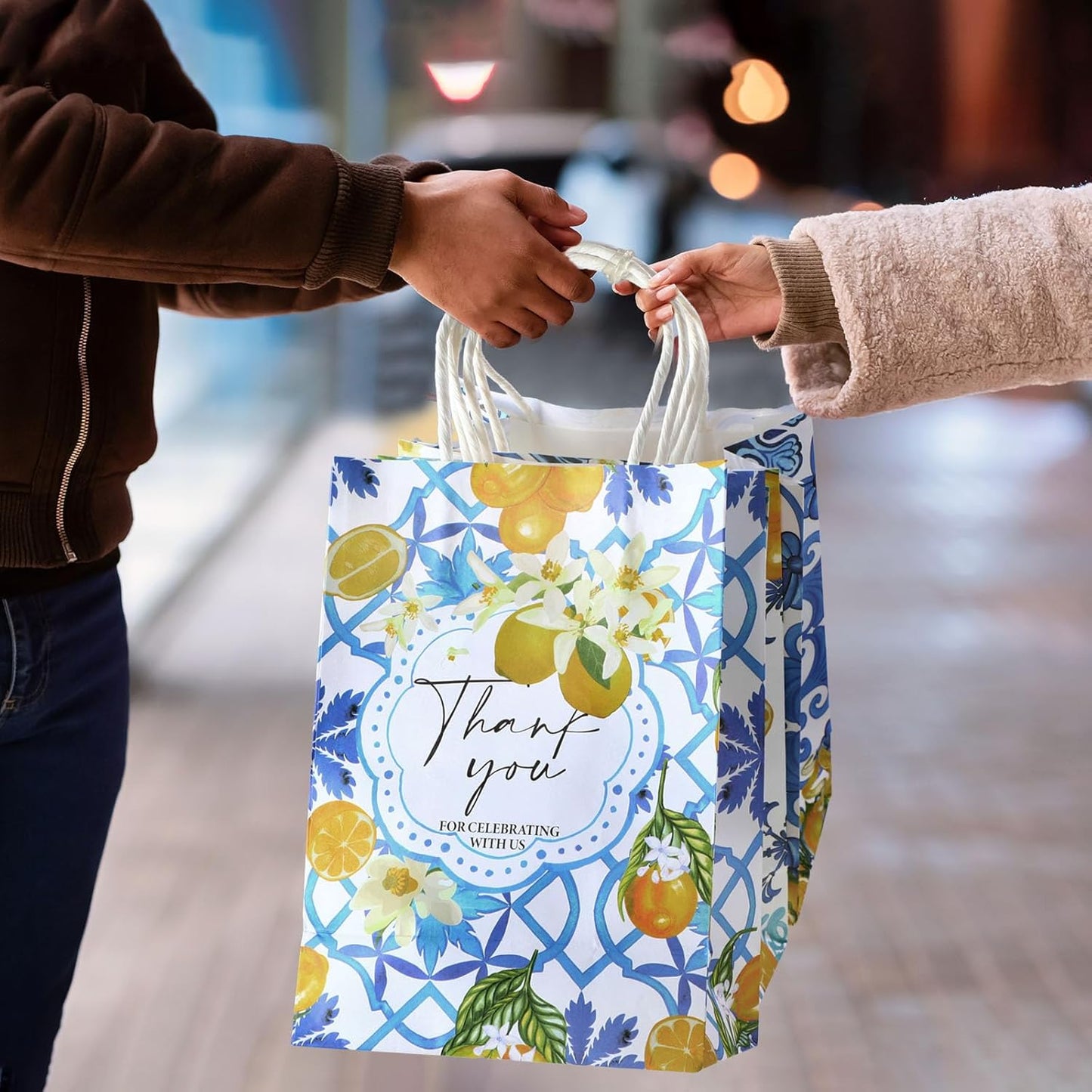 24 Pcs Lemon Gift Bags Thank You Amalfi Coast Wedding Bags Bulk Capri Blue Tile Yellow Lemon Party Decorations for Graduation Birthday Bridal Shower Italian Mediterranean Favors Supplies