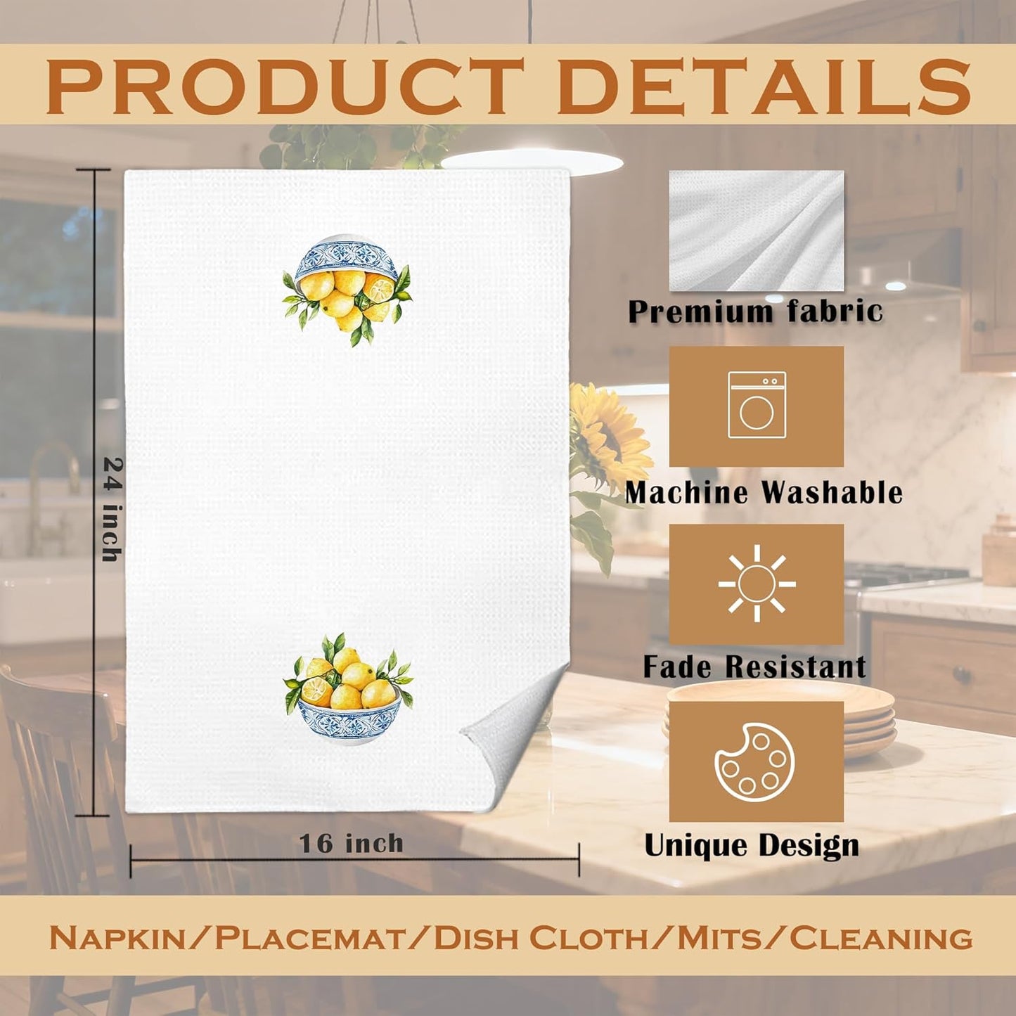 Chinoiserie Lemon Kitchen Towels, Italian Kitchen Decor, Blue and Yellow Mediterranean Italian Lemon Decorative Dish Tea Hand Towels for Bathroom, 16x24 Inches