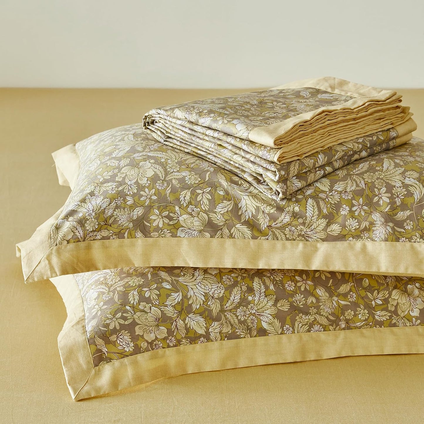 Yellow Botanical Duvet Cover Queen 100% Cotton 3 Pcs Set 1 Vintage Taupe Flower Duvet Cover with Zipper Ties 2 Pillow Shams Boho Floral Ruffle Wide Trim Bedding Set Soft