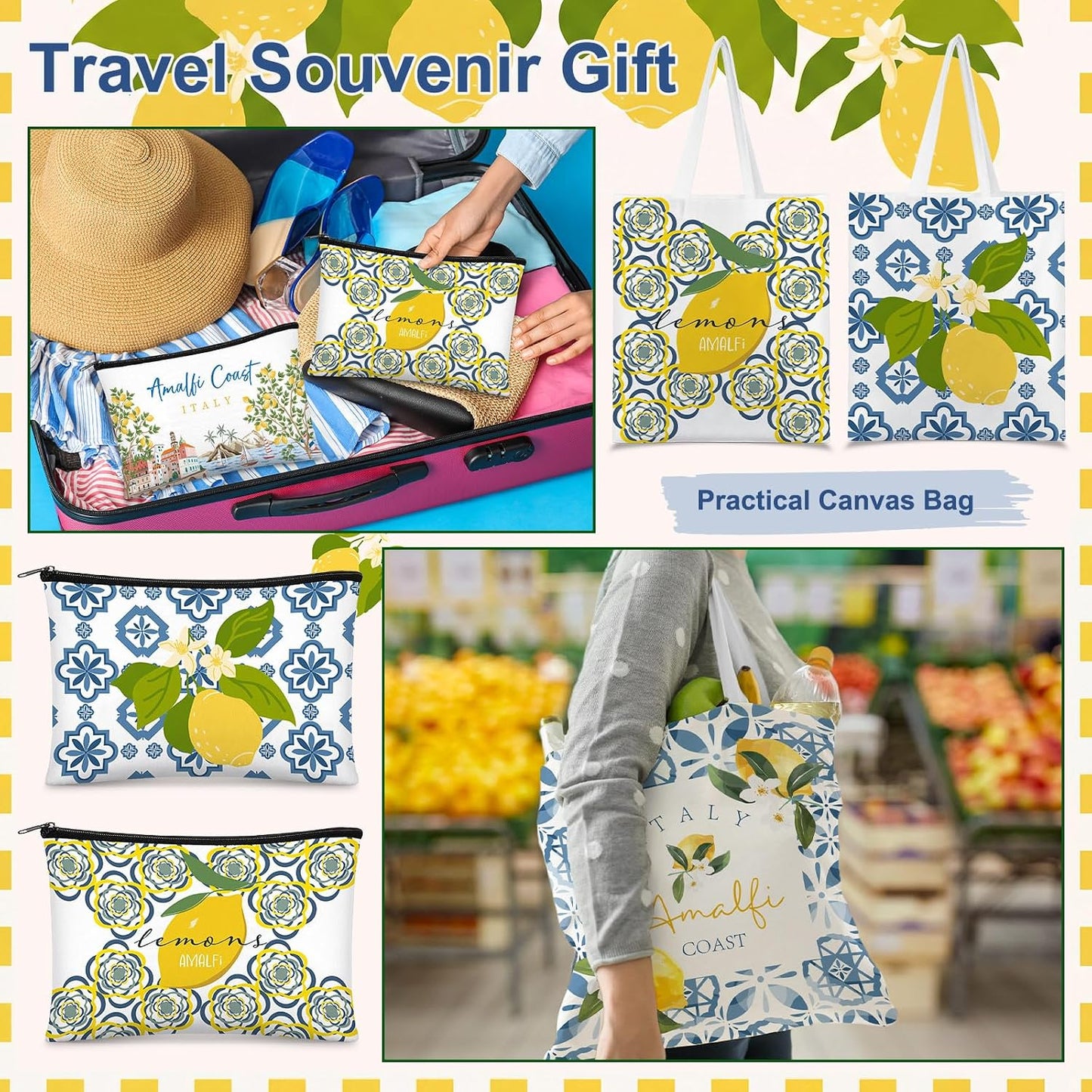 8 Pcs Amalfi Lemon Themed Gift Set - 4 Canvas Tote Bags and 4 Cosmetic Bags, Italy Amalfi Coast Lemon Pattern Travel Souvenirs, for Women, Friends, Lovers, Sisters, Lemons Enthusiasts