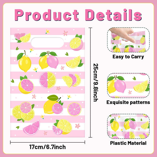 60 PCS Pink Lemon Party Gift Bags, Lemon Party Favors Bags Waterproof Plastic Goodie Bags for Lemon Birthday Party Decorations Supplies Gifts