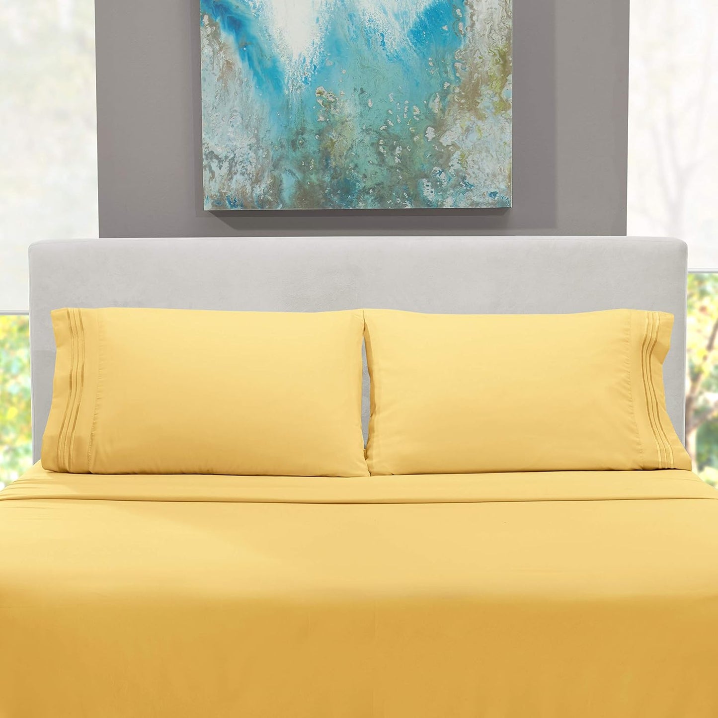 Queen Size Sheets - 4 Piece Bed Sheet Set, Hotel Luxury Double Brushed Bed Sheets - Extra Soft Bedding Sheets & Pillowcases, Queen, Mellow Yellow