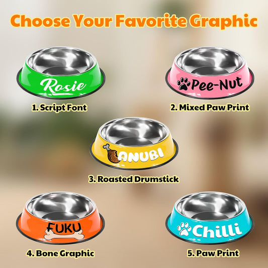 Personalized Dog Bowl, Stainless Steel Food Bowls for Cat Puppies Small Dogs, Custom Name Cute Water Bowl with Non-Slip Bottom, Yellow, S