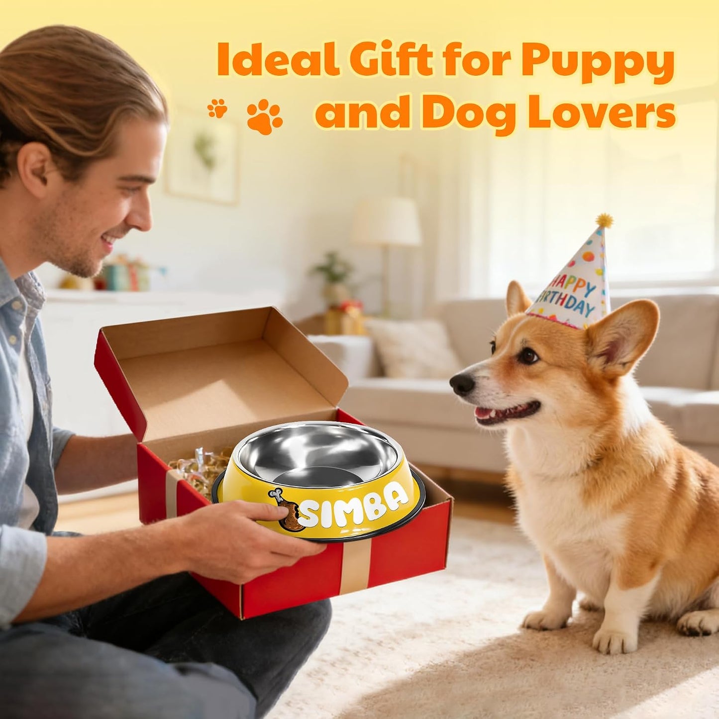 Personalized Dog Bowl, Stainless Steel Food Bowls for Cat Puppies Small Dogs, Custom Name Cute Water Bowl with Non-Slip Bottom, Yellow, S