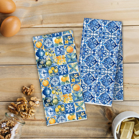 Blue and White Italian Lemon Kitchen Towels, Mediterranean Decor, Italian Tiles Lemon Floral Decorative Dish Tea Hand Towels for Kitchen Bathroom, 16x24 Inch Set of 4