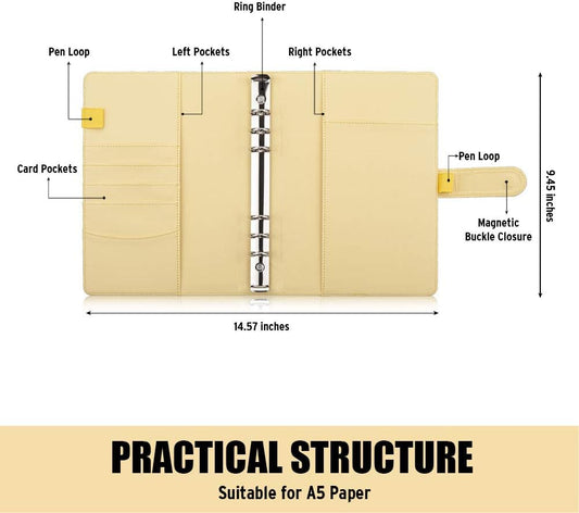 A5 Notebook Photocard Binder, 6 Ring Planner, Stylish Loose Leaf Personal Organizer Cover with Magnetic Buckle, PU Leather Binder Women with Soft Colors (Yellow)