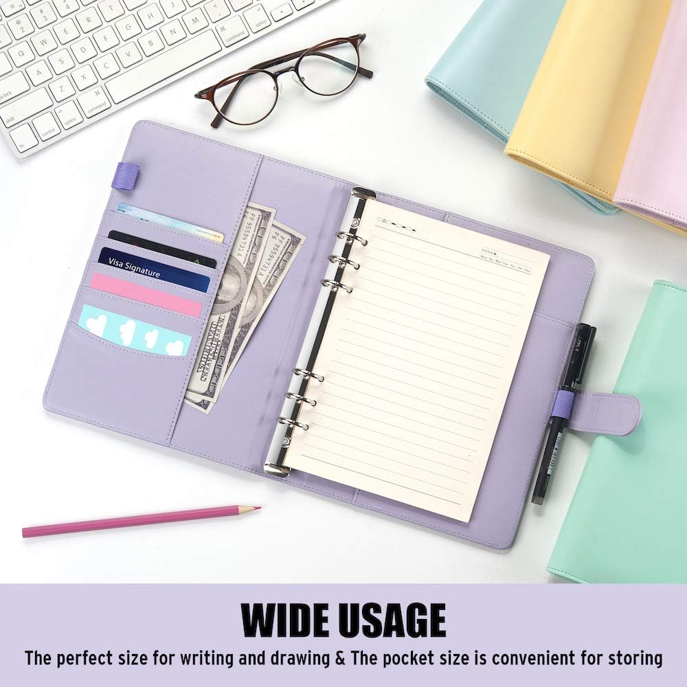 A5 Notebook Photocard Binder, 6 Ring Planner, Stylish Loose Leaf Personal Organizer Cover with Magnetic Buckle, PU Leather Binder Women with Soft Colors (Yellow)