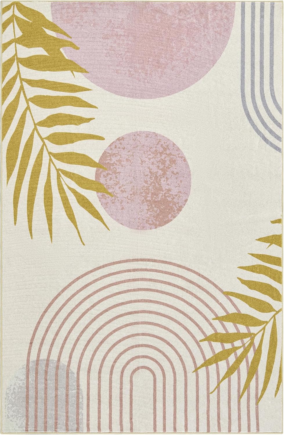 Cute Pink Nuresry Rug Washable, Boho Modern Contemporary Aesthetic 4x6 Area Rugs for Bedroom Dining Living Room Dorm, Abstract Art Tropical Leaves Thin Indoor Entryway Rug Carpet