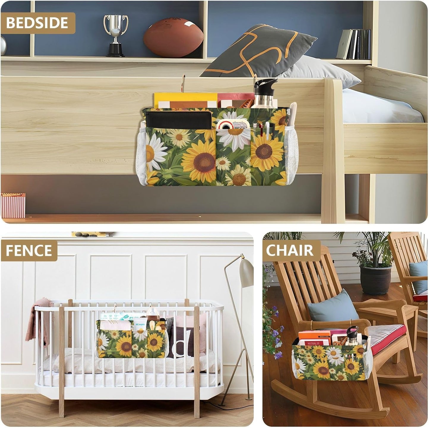 Yellow Sunflower Flowers Bedside Caddies Bed Storage Bag With Pockets Hanging Organizer for Headboards Bunk Beds Dorm Rooms Organizer Caddy organizador para accesorios de cama