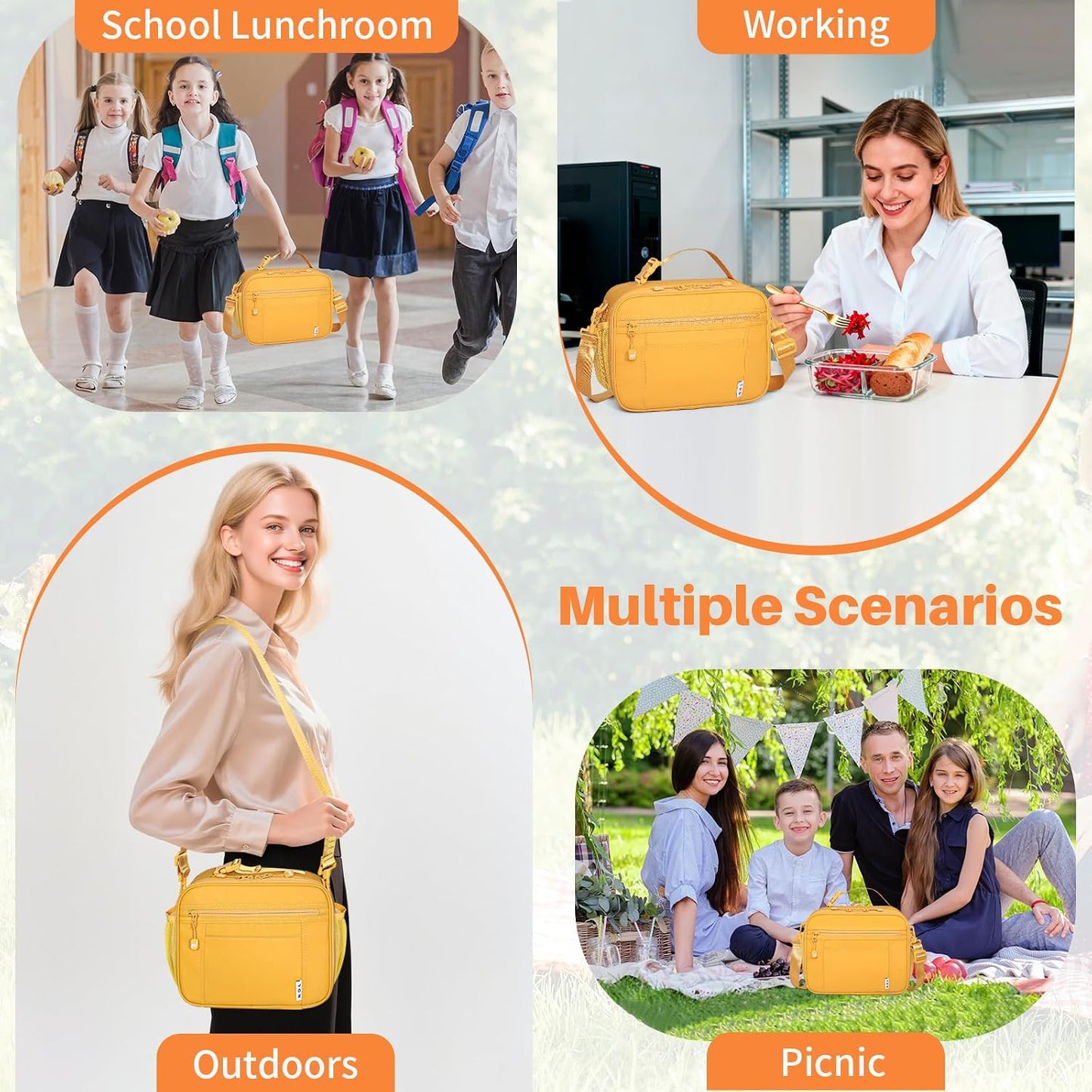 Reusable Insulated Kids Lunch Bag – Water-Resistant Easy-Clean Fabric, Multiple Zip Pockets, Holds Lunch Box & Water Bottle for School, Earth-yellow