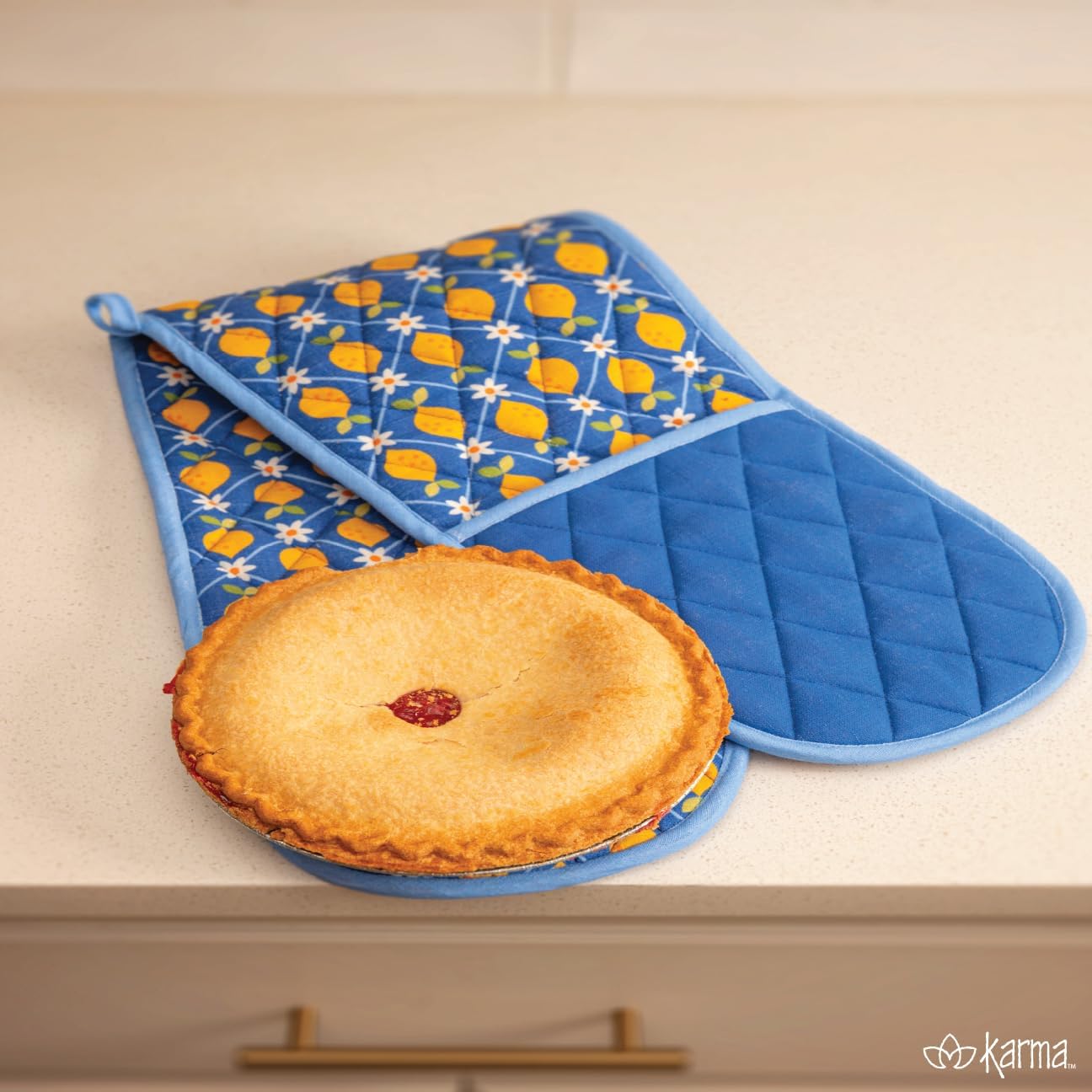 Karma, Double Oven Mitt, Heat Resistant Quilted Pot Holder, Lemon