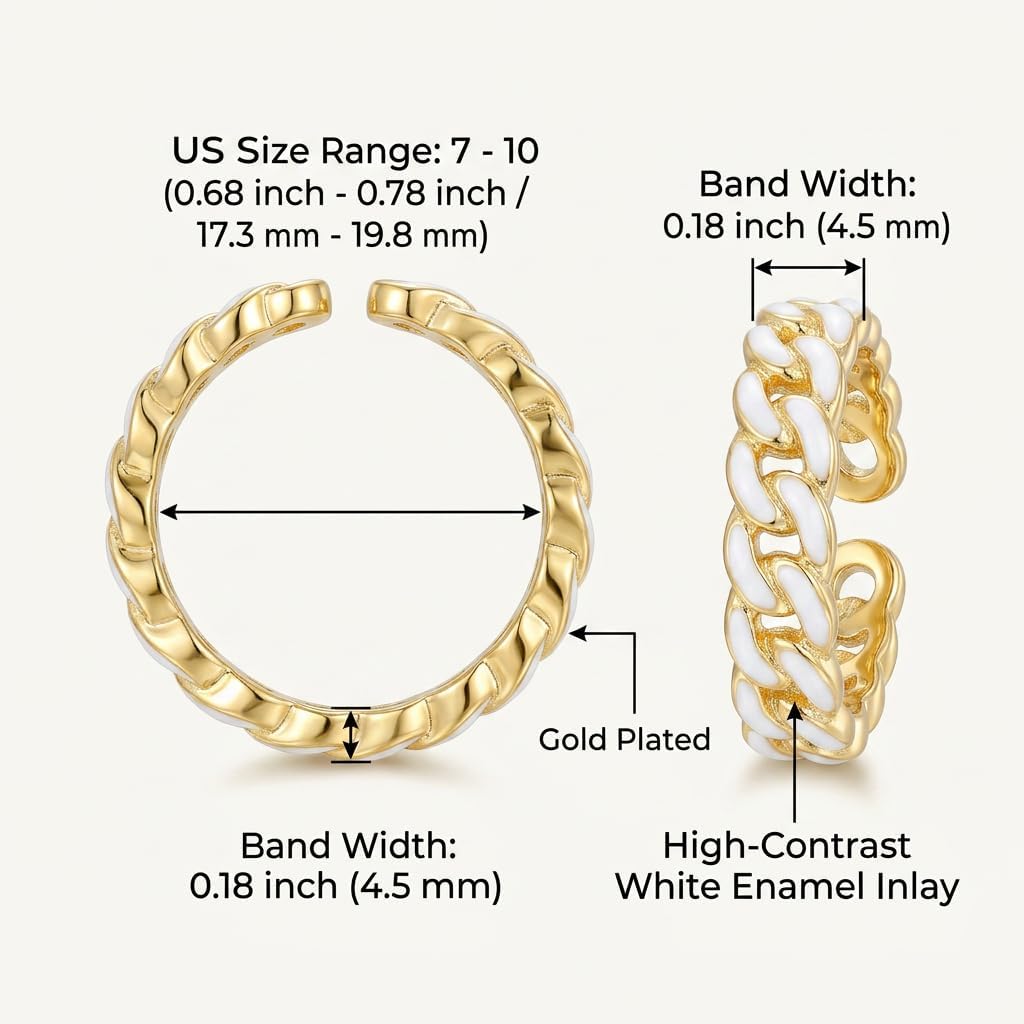 14K Gold Plated White Enamel Cuban Link Open Ring for Women | Modern fashion statement jewelry, versatile adjustable shank, high polished finish, premium gift box included