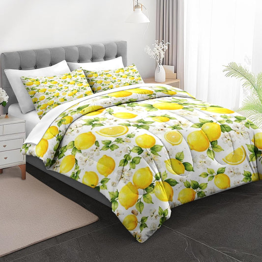 7 Pcs Comforter Set Queen Size, Lemon Floral Yellow Bedding for Kids and Adults, Summer Botanical Bed Sheet Sets with Fitted Sheet 2 Pillowcases & 2 Shams for Bedroom Bed Decor