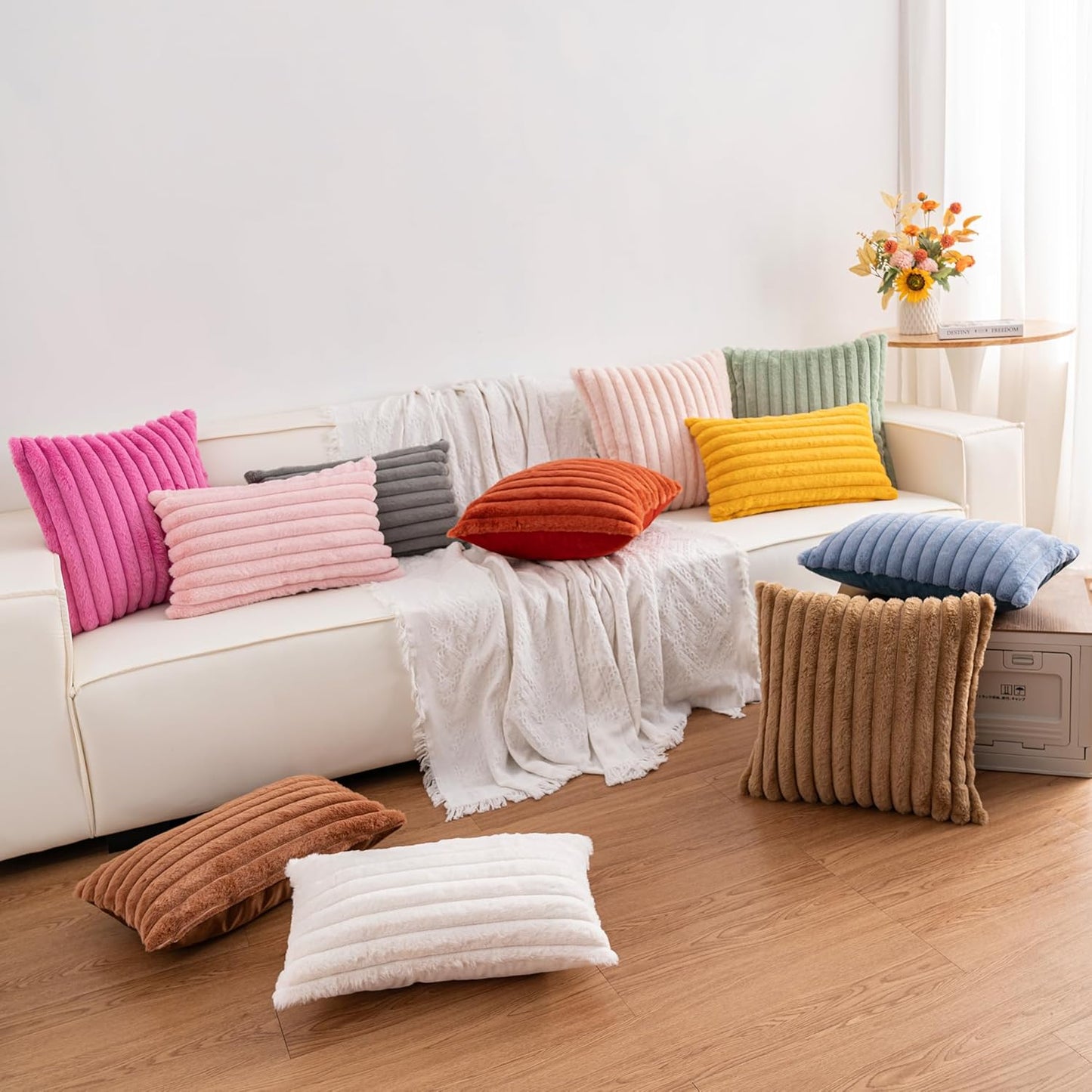 Pack of 2 Faux Fur Christmas Throw Pillow Covers 12x20 Inch, Yellow | Fall Plush Striped Couch Pillow Cover, with Velvet Back Modern Home Decorative Throw Pillow for Sofa Living Room Couch Bed