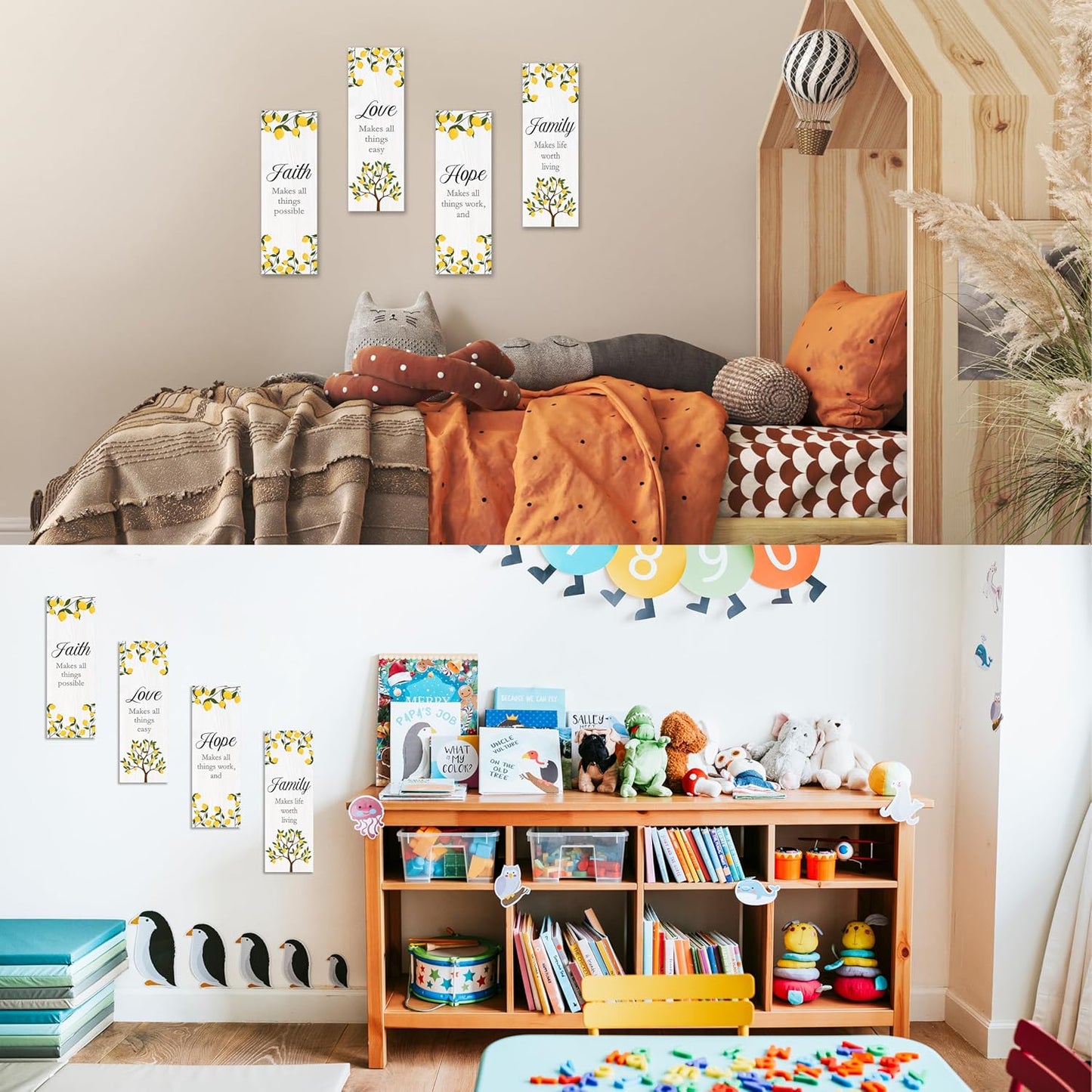 4 Pcs Lemon Wall Decor Wooden Sign, Summer Kitchen Decor, Faith Love Hope Family Bedroom Decor, Religious Wall Decor, Inspirational Wall Art For Bedroom Bathroom Home Farmhouse Decorations, A11