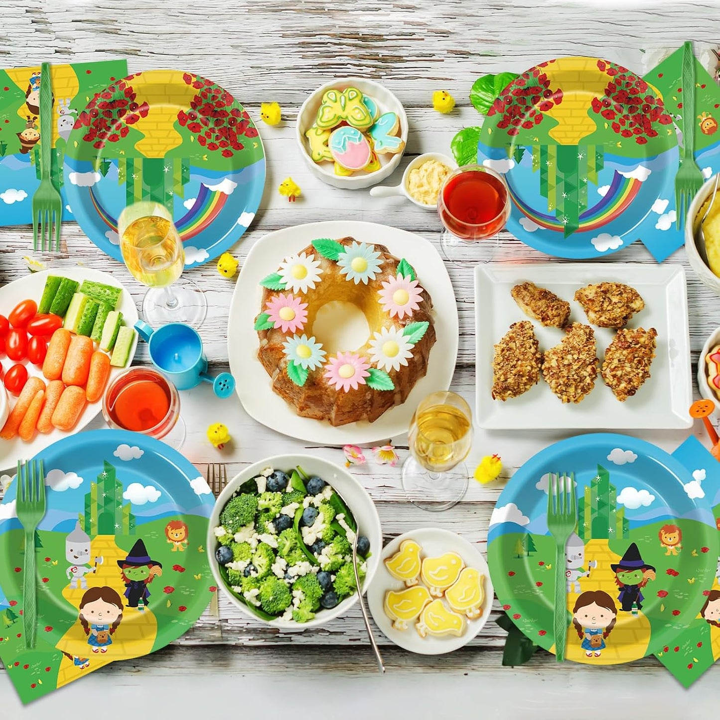 96PCS Emerald Green Castle Birthday Party Supplies Cartoon Plates and Napkins Paper Tableware Yellow Brick Decorations Favors for Birthday Holiday Wizard Party, Serve 24