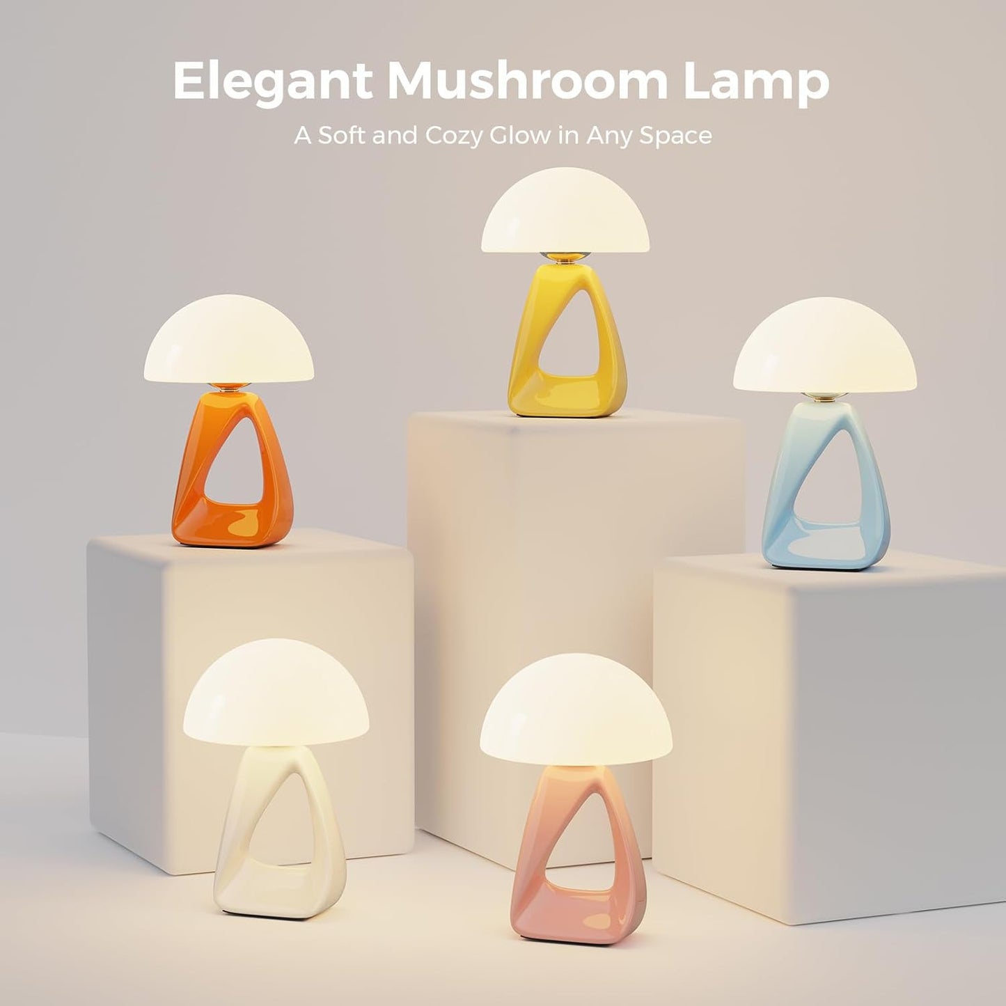 Mushroom Lamp, Small Table Lamp for Bedroom, Creative Geometric Ceramic Base Bedside Lamp, Mid Century Modern Side Table Lamp for Living Room Nightstand, Unique Aesthetic Home Decor Gift Ideas, Yellow