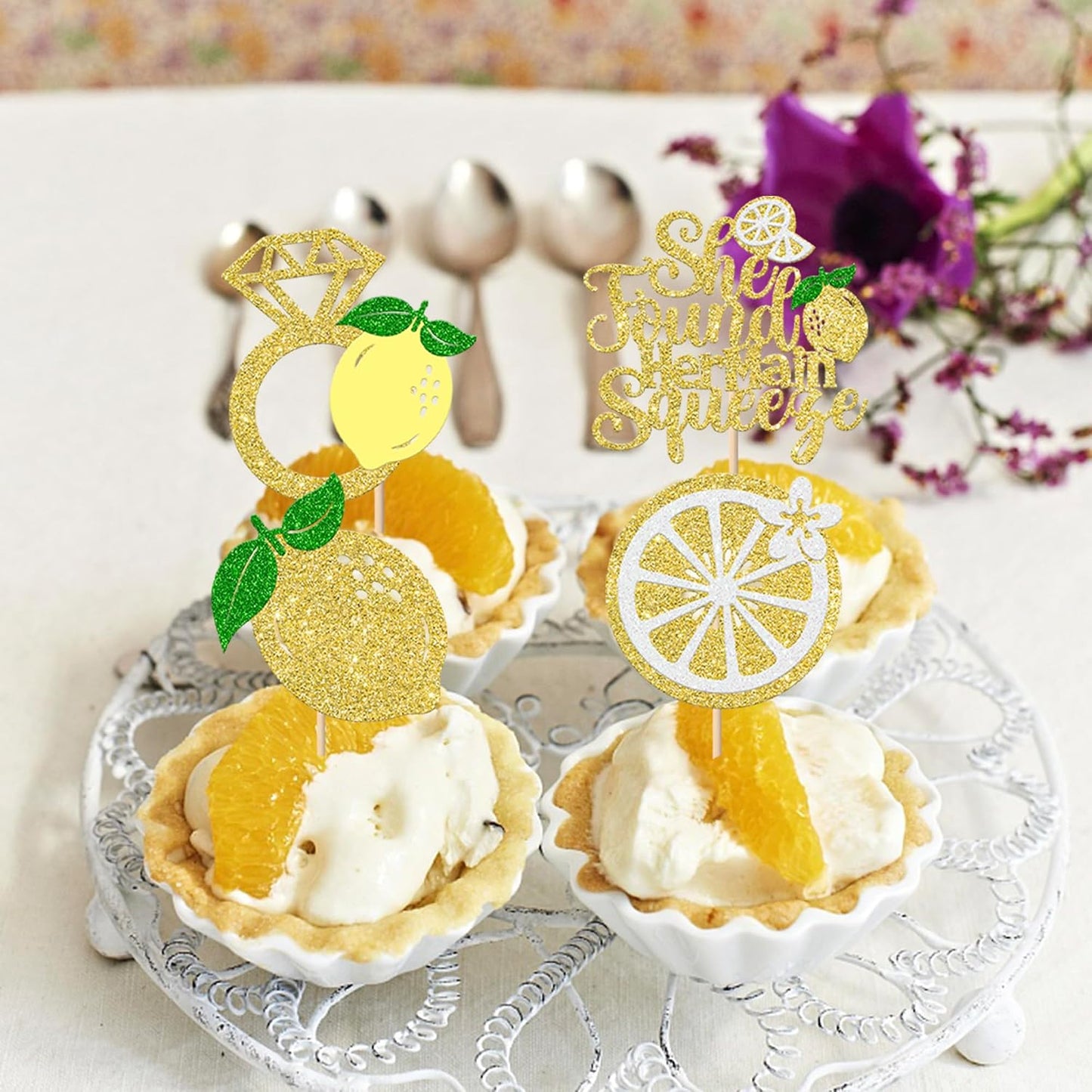 24 Pack She Found Her Main Squeeze Cupcake Toppers Diamond Ring Glitter Lemon Cupcake Picks for Bridal Shower Wedding Engagement Bachelorette Party Cake Decorations