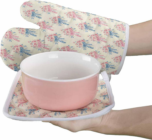 Oven Mitts and Pot Holder Set for Kitchen, Pink Rose Bouquet Blue Bow Vintage Light Yellow 12 Inch Heat Insulation Ovengloves with Non-Slip Hot Pads for Grilling Baking Cooking BBQ, 2 pcs