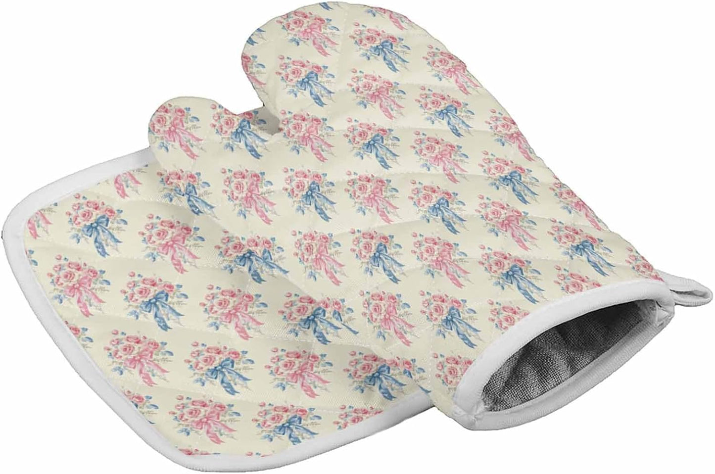 Oven Mitts and Pot Holder Set for Kitchen, Pink Rose Bouquet Blue Bow Vintage Light Yellow 12 Inch Heat Insulation Ovengloves with Non-Slip Hot Pads for Grilling Baking Cooking BBQ, 2 pcs