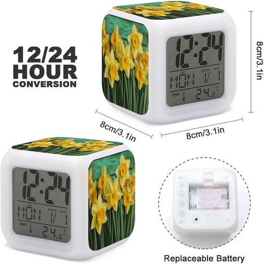Yellow Daffodils Flowers Digital Alarm Clock with 7 Color Night Light | Smart LED Display Desktop Clock for Heavy Sleepers, Bedside Small Light Alarm Clock with Date Temperature Display3