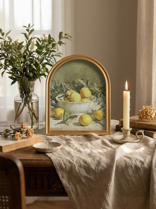 Vintage Rustic Lemon Framed Wall Art for Kitchen, Dining Room – Gold Arched Wood Frame Canvas Picture for Home Aesthetic Wall Decor, Cottagecore Farmhouse Artwork Prints (11" x 13.8")