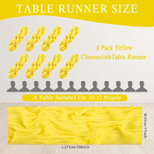 8 Pack Yellow Cheesecloth Table Runner 17x108 inch Rustic Gauze Table Runner Sheer Boho Fabric Cheese Cloth Table Runner for Wedding Party Baby Bridal Shower
