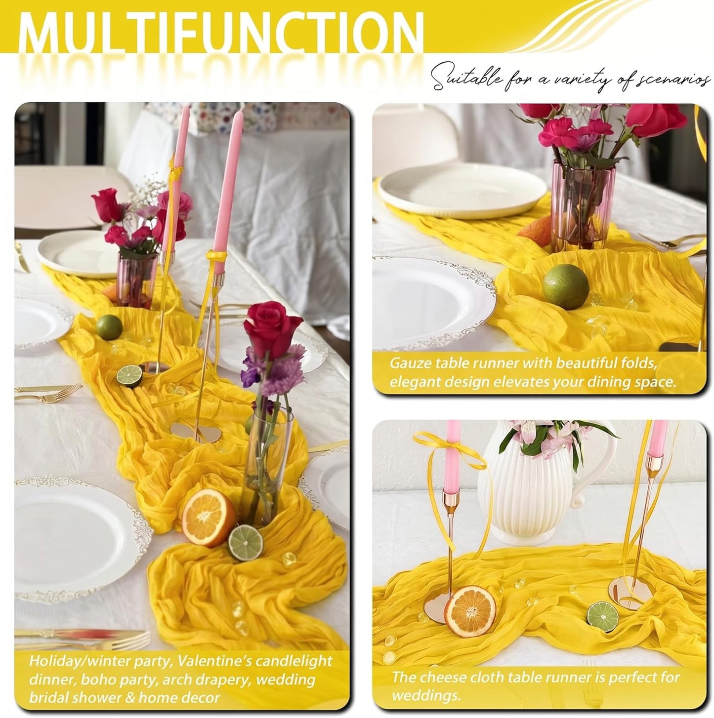 8 Pack Yellow Cheesecloth Table Runner 17x108 inch Rustic Gauze Table Runner Sheer Boho Fabric Cheese Cloth Table Runner for Wedding Party Baby Bridal Shower