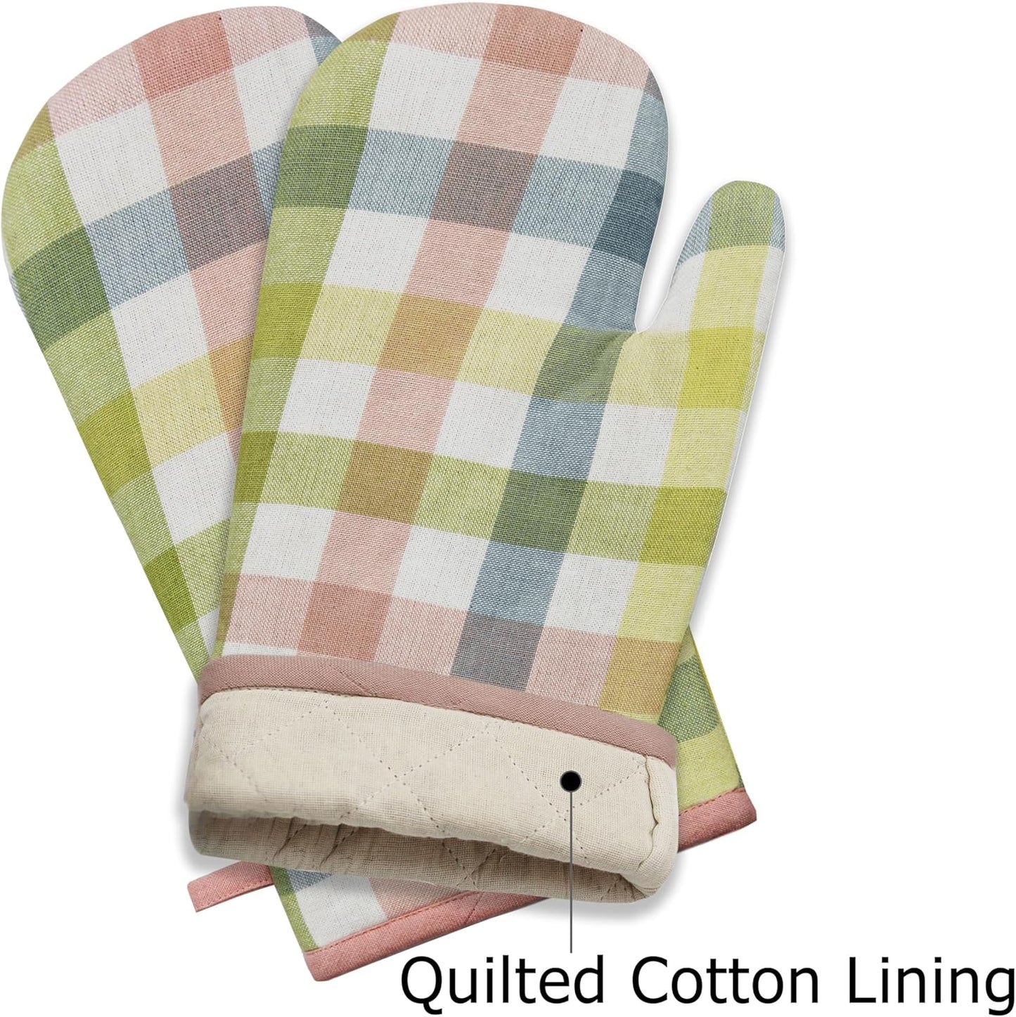 Oven Mitt and Pot Holder Set - Gingham Buffalo Check 2 Oven Mitts 2 Pot Holders Set - Easter Spring Cotton Extra Long Mitt - Insulated Heat Resistant Quilted Kitchen Glove - Yellow Multi