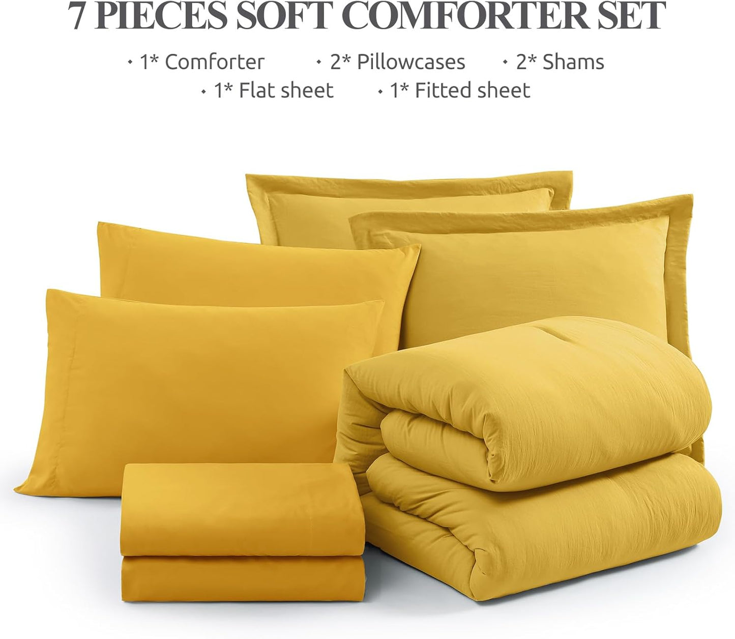 Queen Comforter Set-7 Pieces Soft Prewashed Bed in a Bag Queen Bedding Sets | All Season Comforter with Sheets, Pillow Shams & Pillowcases,Yellow