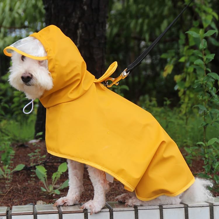Waterproof Dog Raincoat Hooded Poncho for Large Dogs Yellow L-XXL | waterproof polyester, adjustable hood with buckle, leash-friendly harness opening, lightweight & portable for travel