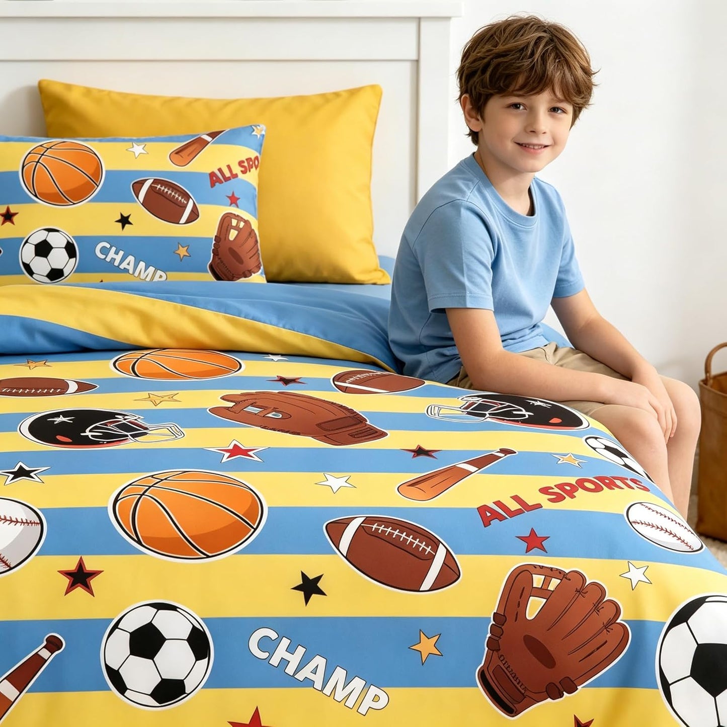 Kids Basketball Comforter Set Full Size, Sports Themed Bedding Set with Blue Yellow Stripe for Teens Boys, 3 Pieces Soft Lightweight Summer Comforter with 2 Pillowcases/79 * 90