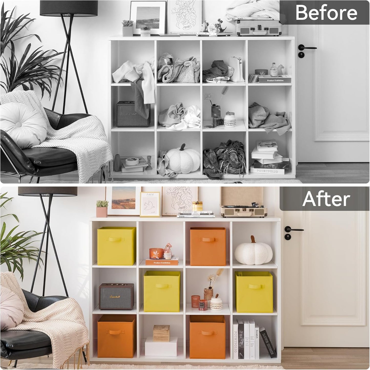 11 Inch Cube Storage Bins, Cube Storage Organizer, Fabric Storage Bins with Handle, Storage Cubes for Shelves, Closet, 3 Yellow & 3 Orange, 6-Pack