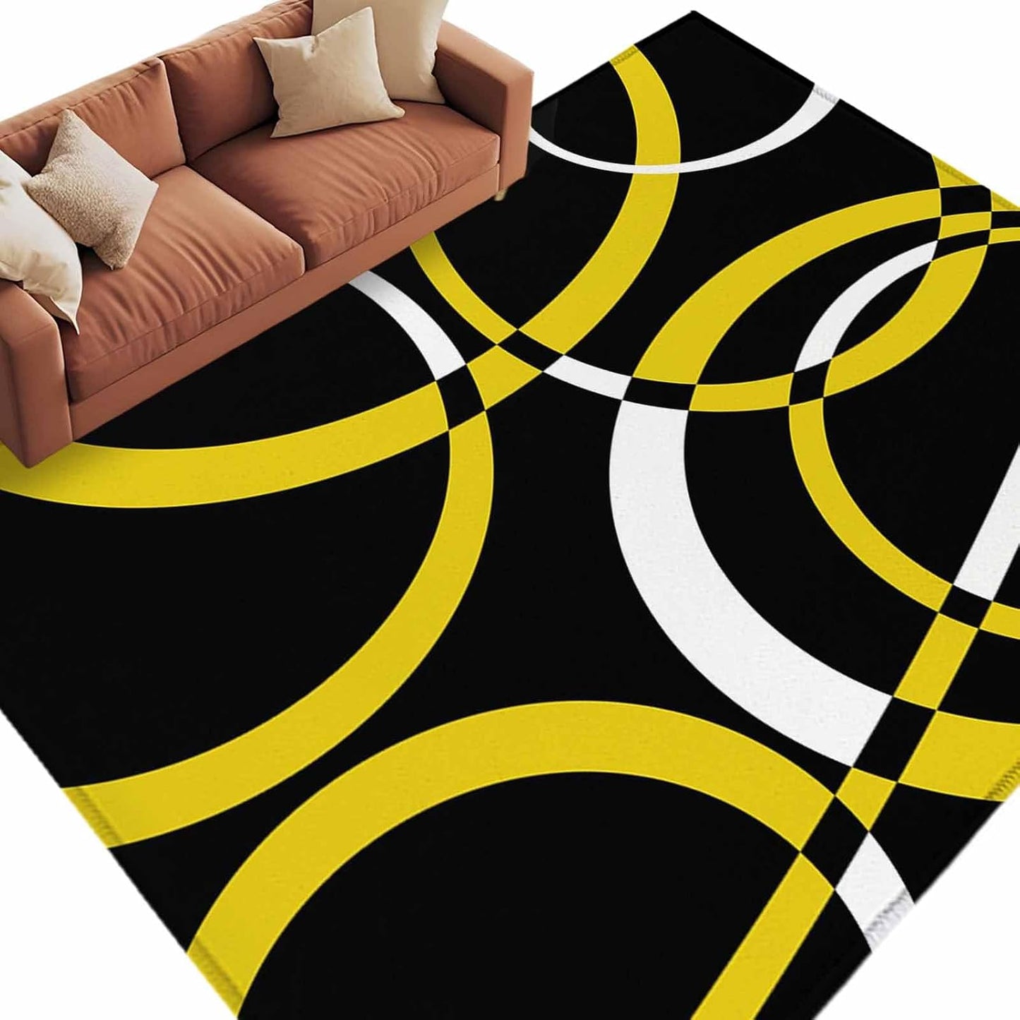 Modern Abstract Art 6x9 Area Rug for Living Room Bedroom, Yellow White Geometric Circle Washable Rugs Absorbent Non-Slip Indoor Large Carpet for Dining Room Home Office Decor
