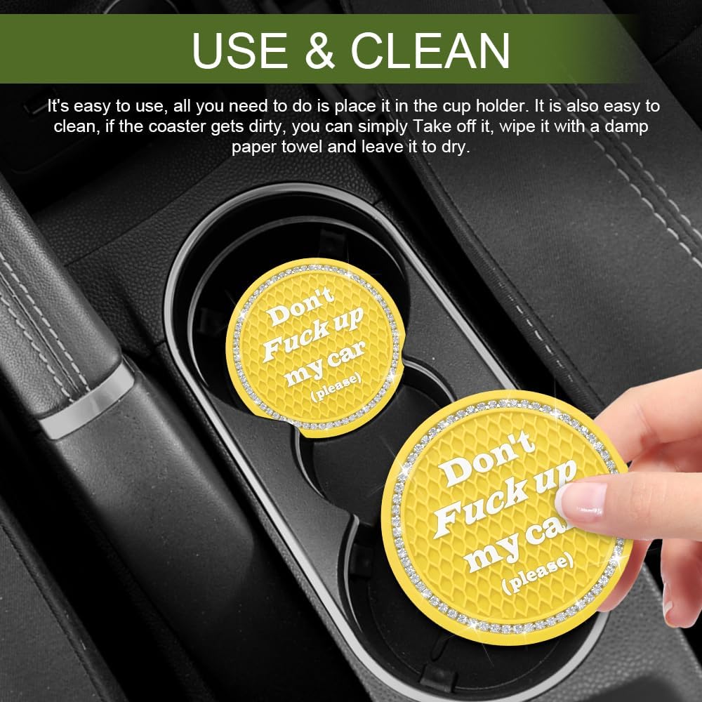 4PCS Bling Car Cup Holder Coaster, 2.75 Inch Anti-Slip Auto Insert Cup Coaster, Universal Interior Decor Accessories Crystal Car Drink Cup Mat Perfect for Women Girls (Yellow, 4PCS)