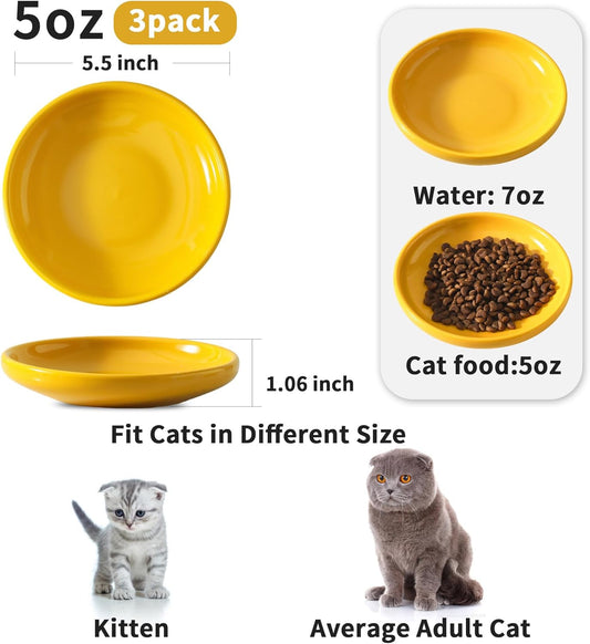 3 PCS Ceramic Cat Bowls, 5.5 in Pet Food Bowl Cat Dishes for Food and Water, Small Dog Dish(Yellow)