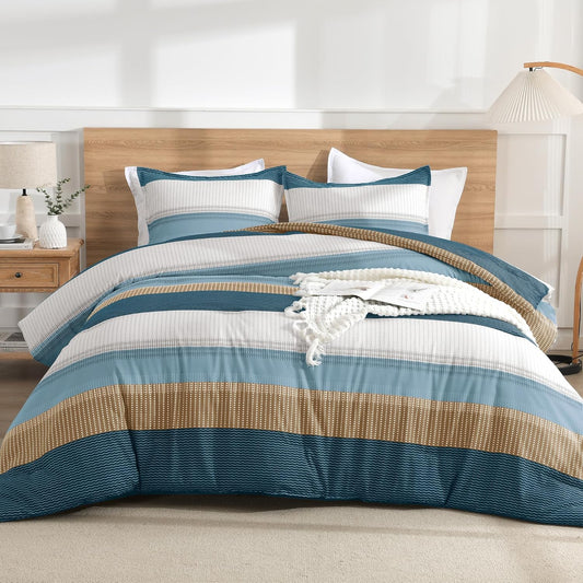 Green Yellow Comforter Set Queen - 3 Pieces Lightweight Colorblock Stripe Fluffy Bedding Comforter Sets, All Season Bed Set