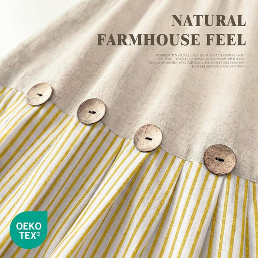 Farmhouse Shower Curtain Linen Button Woven Fabric Country Rustic Western, Pleated Yellow Stripe 72" W x 72" L