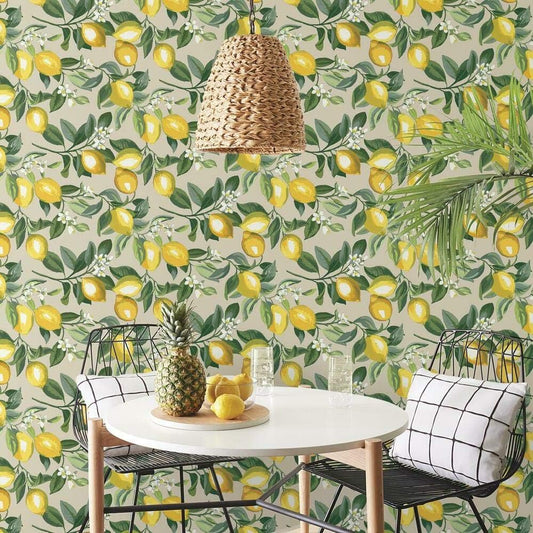 Lemon Zest Yellow and Teal Peel and Stick Wallpaper, Vinyl, 20.5-in x 16.5-ft, Made in USA