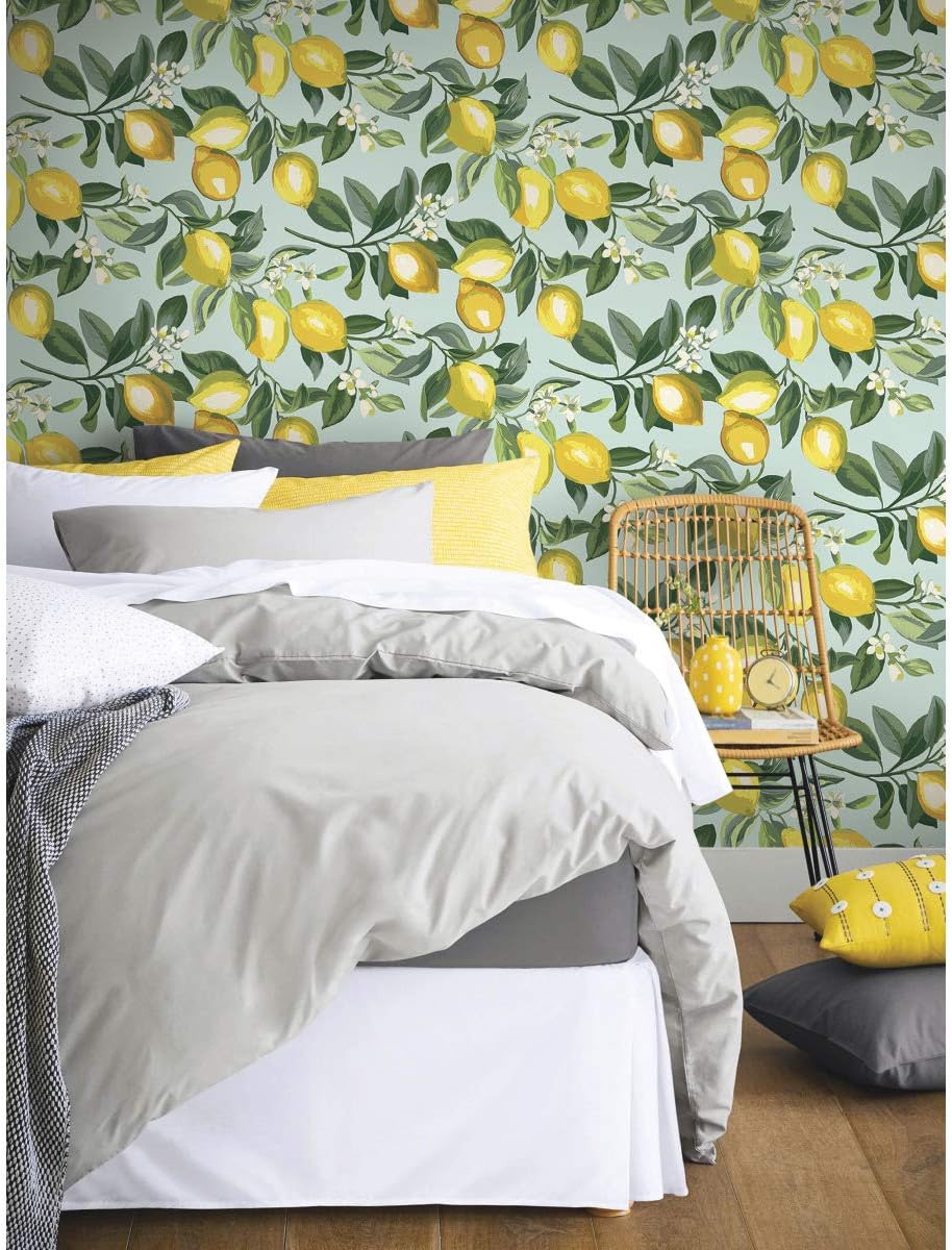 Lemon Zest Yellow and Teal Peel and Stick Wallpaper, Vinyl, 20.5-in x 16.5-ft, Made in USA
