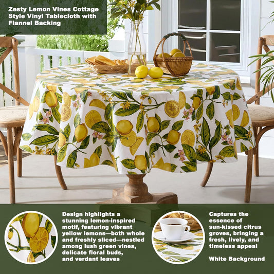 Zesty Lemons Vinyl Tablecloth Flannel Backing, 70 Inch Round | French Country Lemon Vine Print, Easy Care Wipe Clean, Indoor Outdoor Table Cover