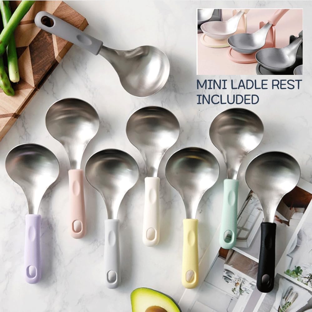 Wide Head Serving Spoon with Silicon Handle, 8 inch, Stainless Steel, Includes Silicon Matching Rest, Modern Style, Various Color Available (Yellow)